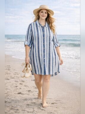 Coastal Striped Shirt Dress 1X Blue White Beachy Button Down Breezy Casual Chic